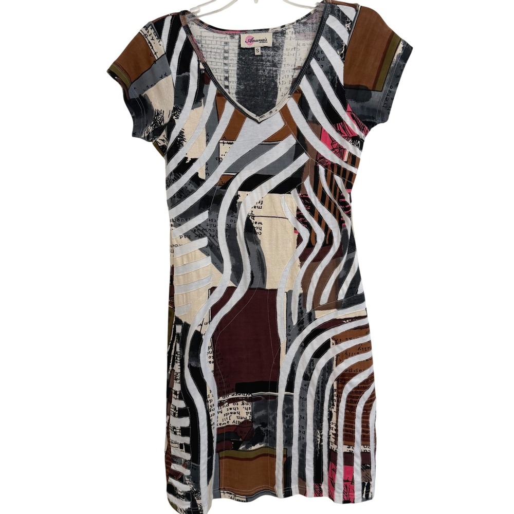 Anunas Los Angeles Abstract Newsprint Cotton Knit V-Neck Mini Dress Sz S Art EUC
